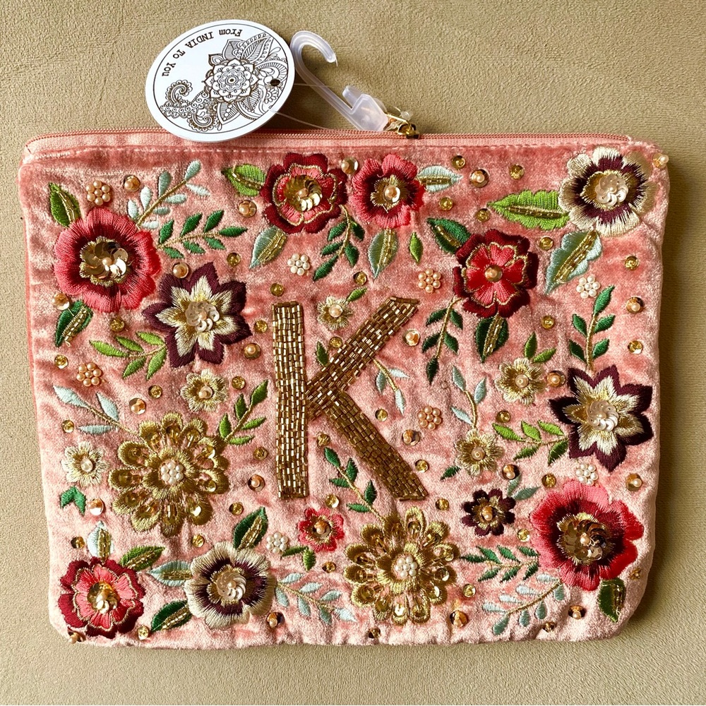 India to You Large Beaded Velvet K Pouch NWT